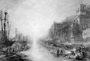 Die Einschiffung von Regulus, Altes Karthago, graviert von Daniel Wilson (1816-92), 1838-52